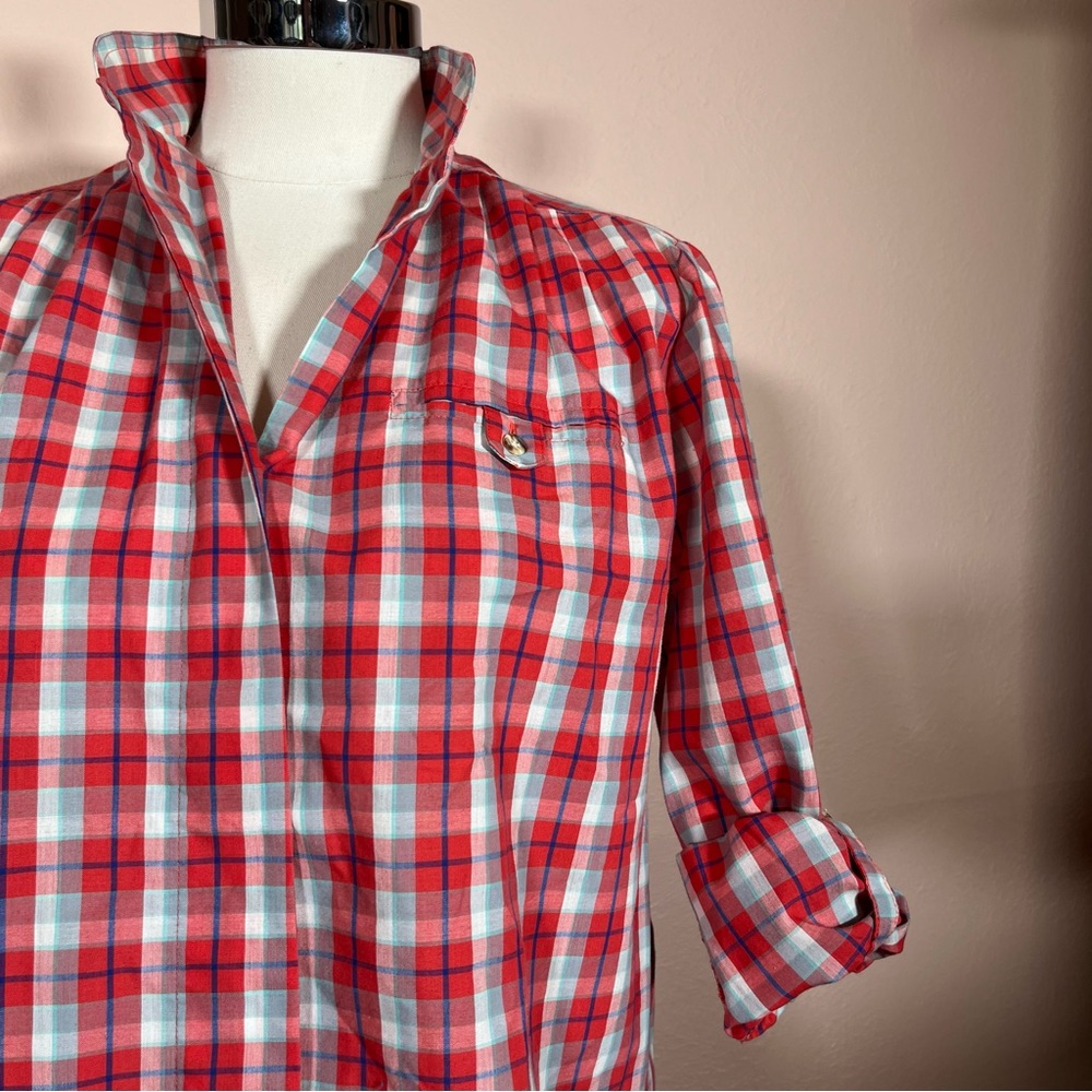 Vintage 1970 Western Red Plaid CHAUS Victorian High Collar Button Down Shirt